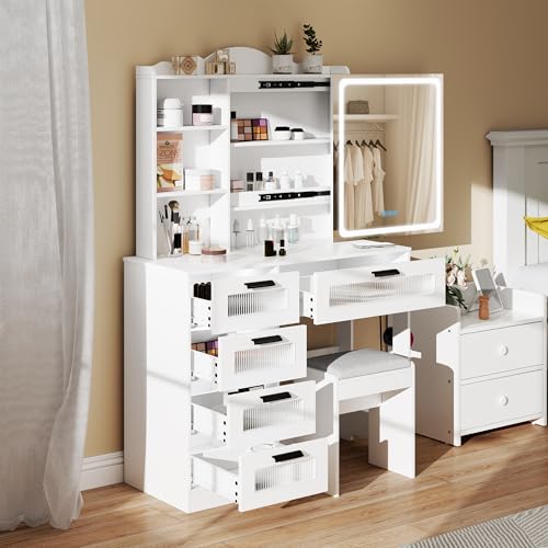 White Vanity Desk with Mirror and Lights, 5 Drawers V208640