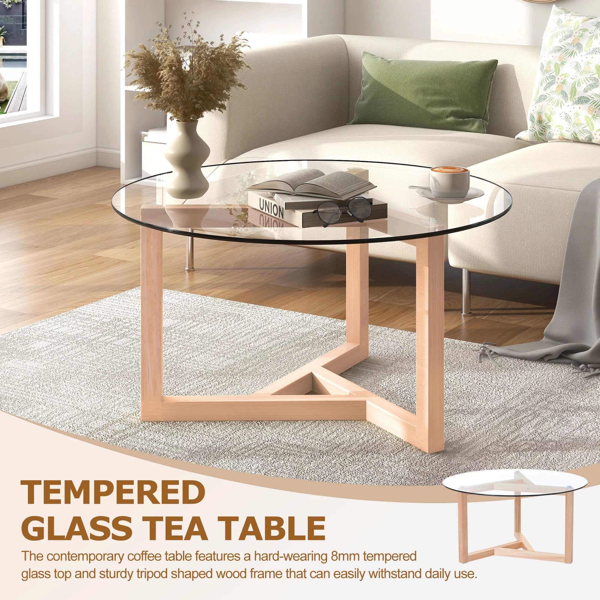 Round Glass Coffee Table with Tempered Glass Top & Wood Base F4419
