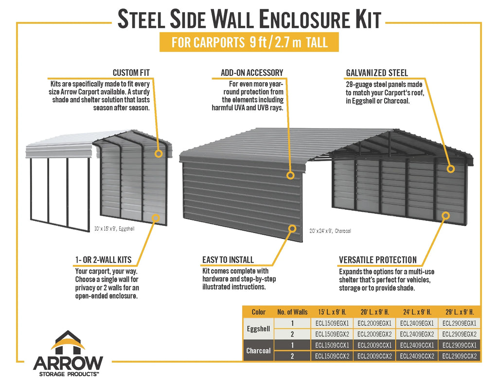 Galvanized Steel Carport with 1-Sided Enclosure, 10' x 15' x 9' , Charcoal P689