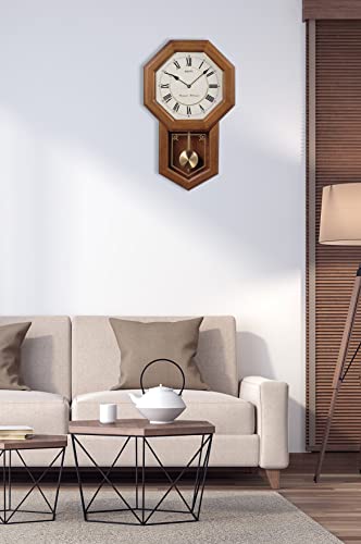 Light Oak Traditional Schoolhouse Wall Clock with Chime & Pendulum M66310