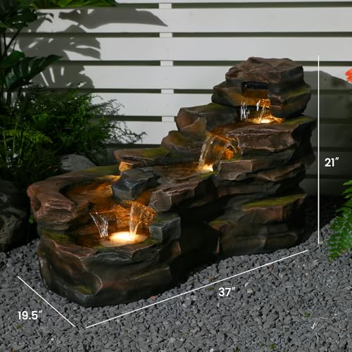 37" 5-Tiers Rock Natural Waterfall Outdoor Fountain with LED Lights K8812