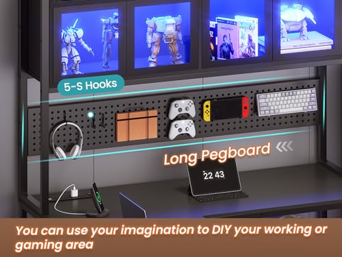 Rustic Brown L Shaped Gaming Desk with Drawers, Hutch, Storage Shelves, Pegboard, Led Lights, and Power Outlet K519434