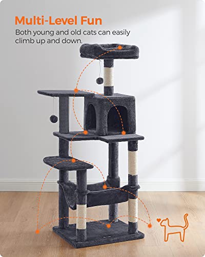 Light Gray 61-Inch Cat Tree with 5 Scratching Posts, 2 Perches, 2 Caves, Hammock L826