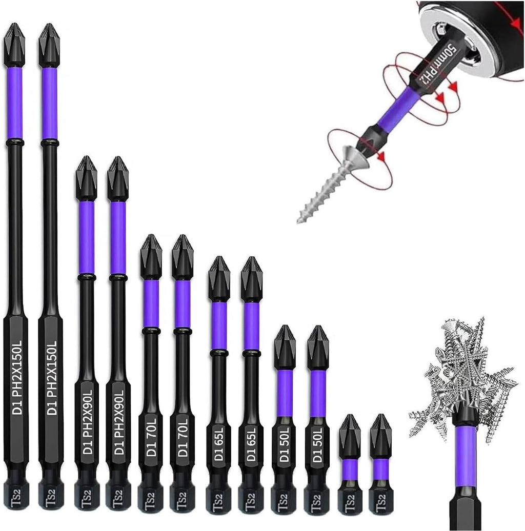 12-Piece Anti-Slip Shock-Proof Phillips Screwdriver Bit Sets, 1/4 Hex Shank Drill Bits H149716