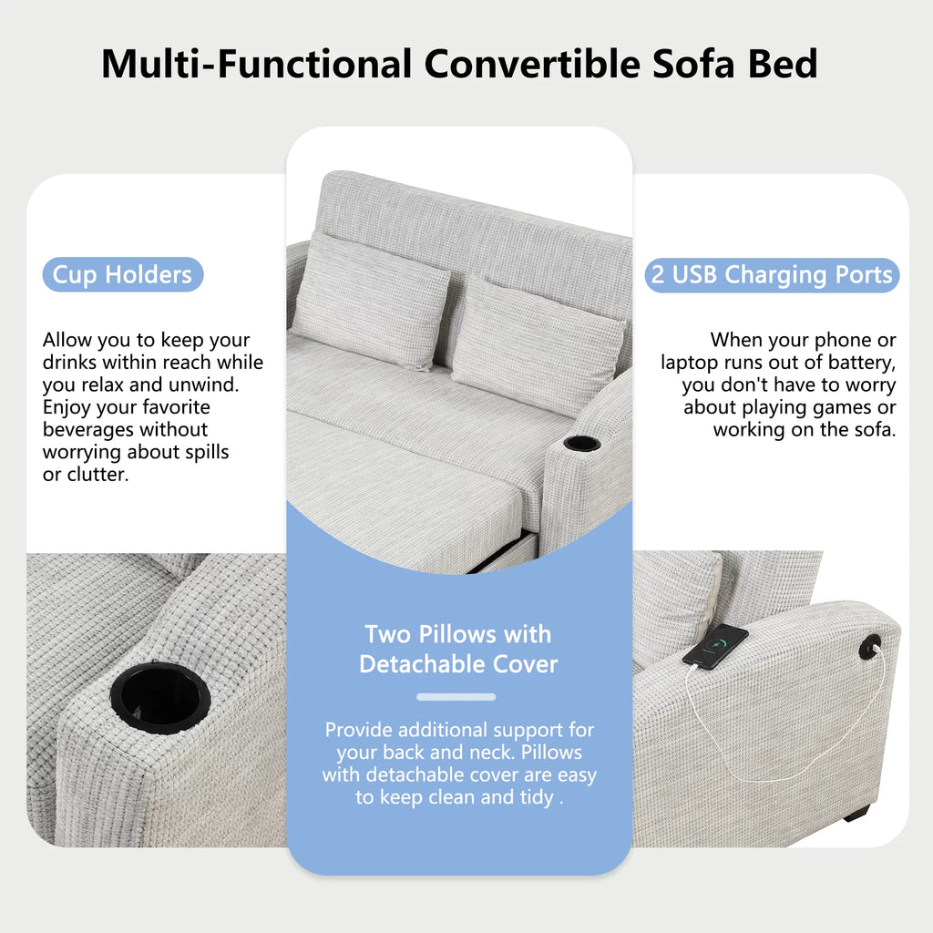 White Gray Chenille Convertible Loveseat Sofa with 2 Pillows T105