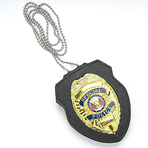 Leather Police Badge Belt Clip Holder with Stainless Steel Chain and Concealed Photo Pocket P5702