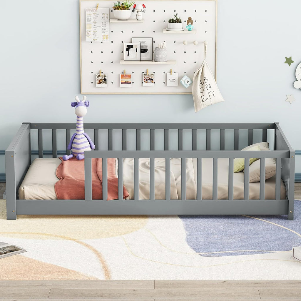 Twin Size Solid Pine Wood Floor Bed Frame with Safety Guardrails and Slats (Grey) P914