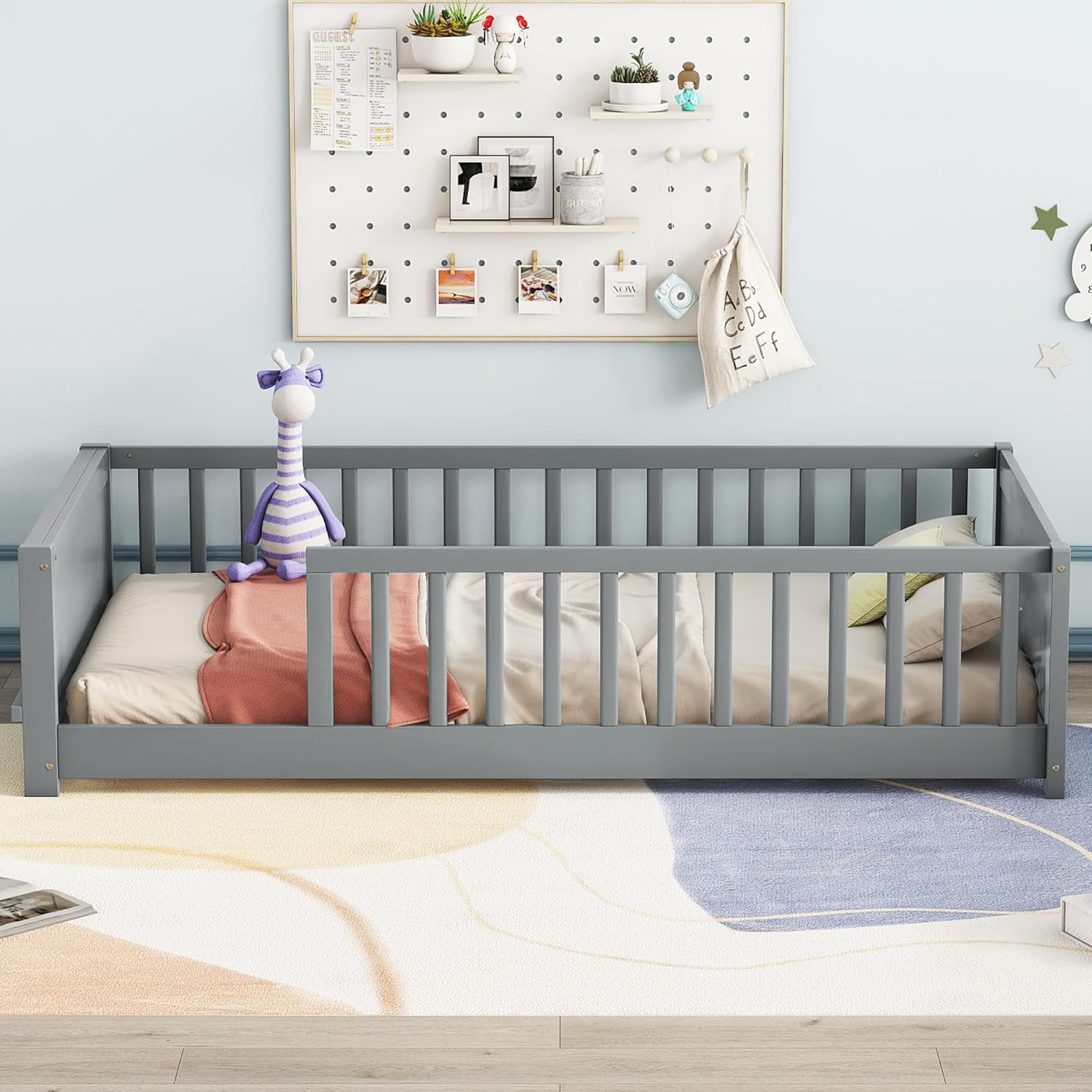 Twin Size Solid Pine Wood Floor Bed Frame with Safety Guardrails and Slats (Grey) P914
