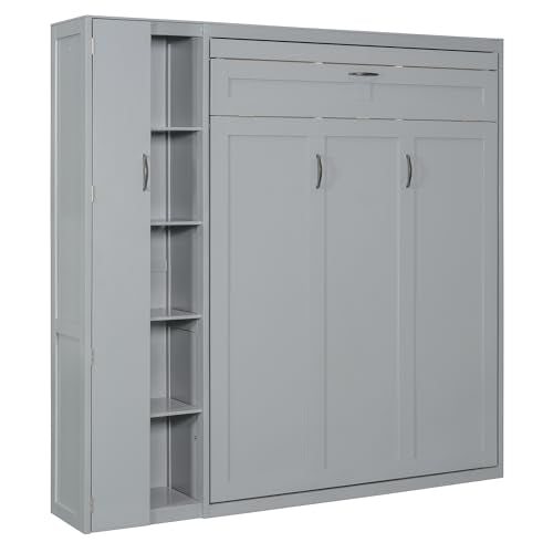 Gray Queen Size Murphy Bed with Storage Shelves and LED Lights U29548