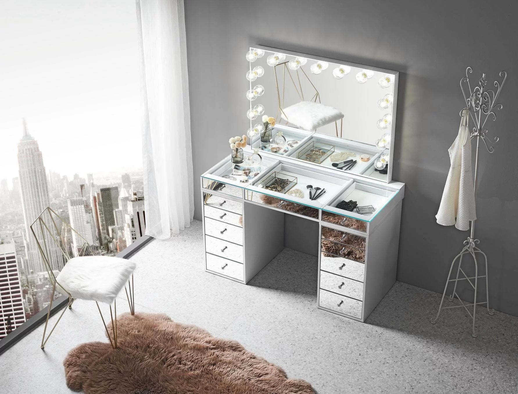 Bright White Solid Material 5 Drawer Vanity Desk E952