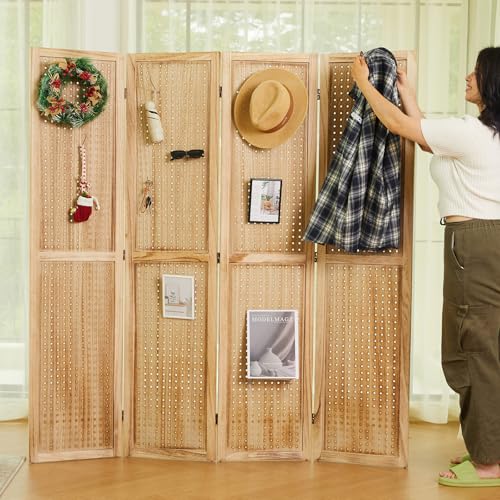 66.9inch Freestanding Folding Pegboard Privacy Screens 4 Panels White H7591