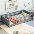 Twin Size Solid Pine Wood Floor Bed Frame with Safety Guardrails and Slats (Grey) P914