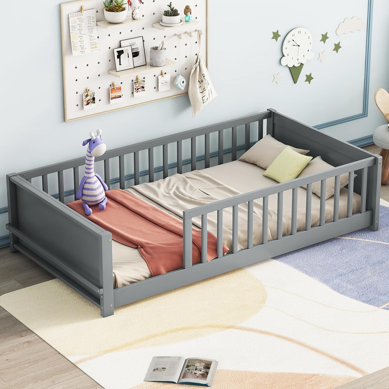 Twin Size Solid Pine Wood Floor Bed Frame with Safety Guardrails and Slats (Grey) P914