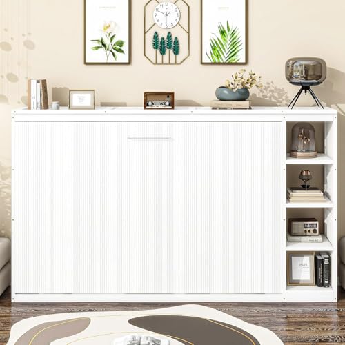 Full Size Wood Murphy Bed with Storage Shelves (White) D83573
