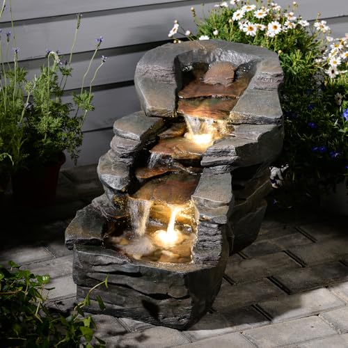 37" 5-Tiers Rock Natural Waterfall Outdoor Fountain with LED Lights K8812