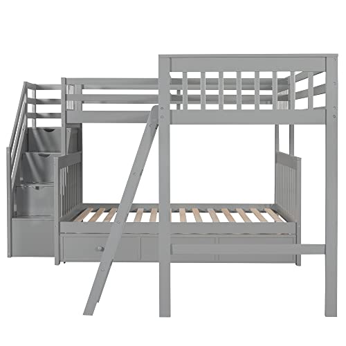Gray Wooden Triple Bunk Bed with Storage Drawers J157060