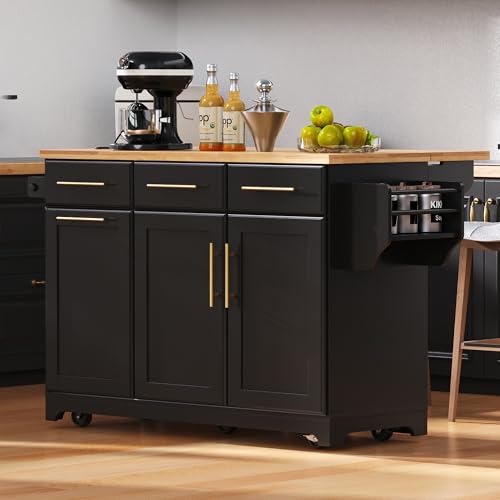 Black Farmhouse Kitchen Island with Drop Leaf, Barn Door, 3 Drawers, Adjustable Shelf, Spice Rack, 56" D474