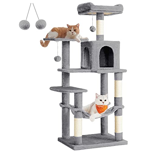 Light Gray 61-Inch Cat Tree with 5 Scratching Posts, 2 Perches, 2 Caves, Hammock L826