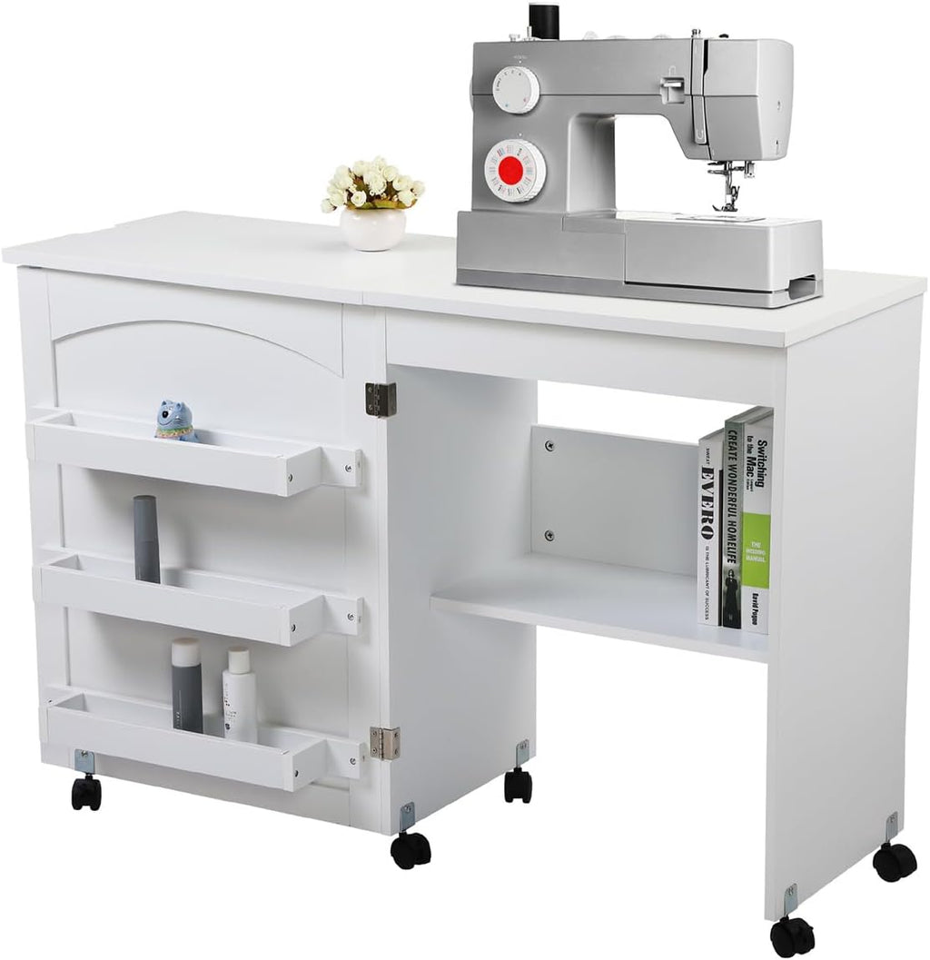 White Folding Sewing Craft Cart with Storage Shelves and Lockable Casters O78634
