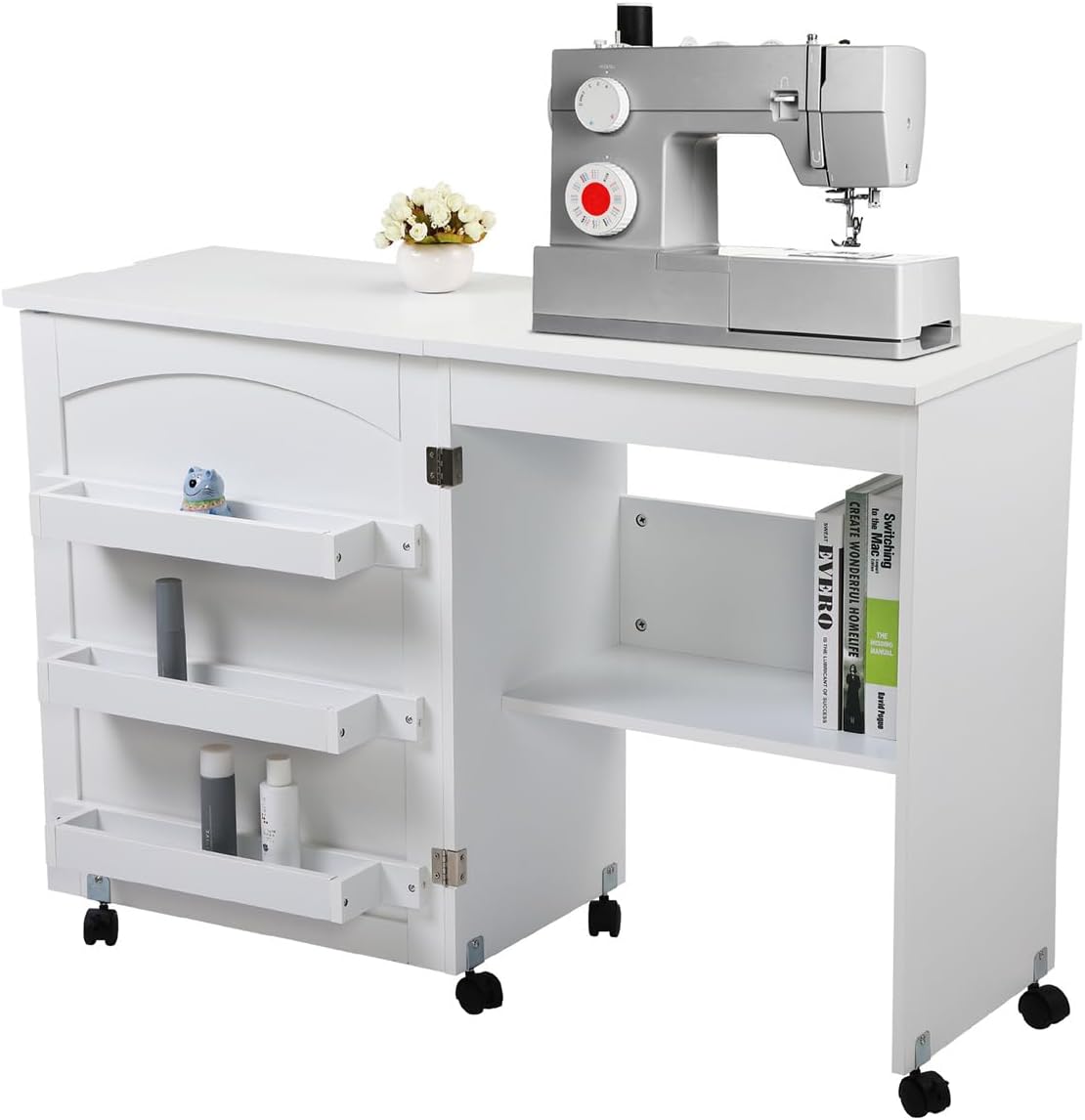 White Folding Sewing Craft Cart with Storage Shelves and Lockable Casters O78634