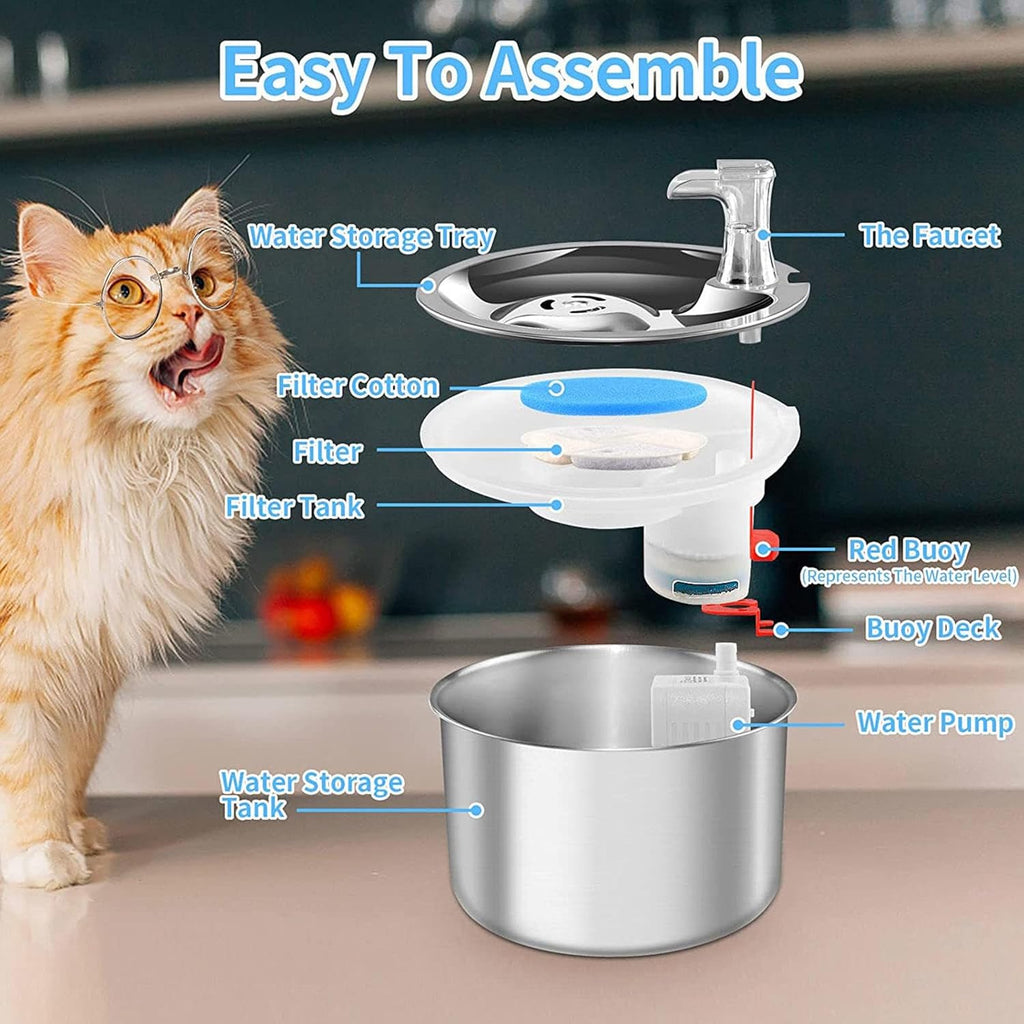 Stainless Steel Pet Water Fountain, 2L/67OZ Adjustable Water Flow E9612