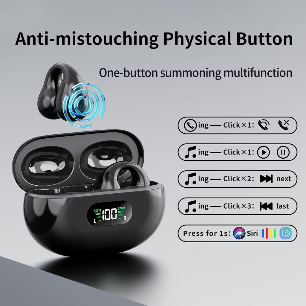 Open Ear Bone Conduction Headphones Wireless Bluetooth 5.3 Clip On EarBuds with LED Display Charging Case 60 Hours Playtime IPX7 Waterproof Black A589