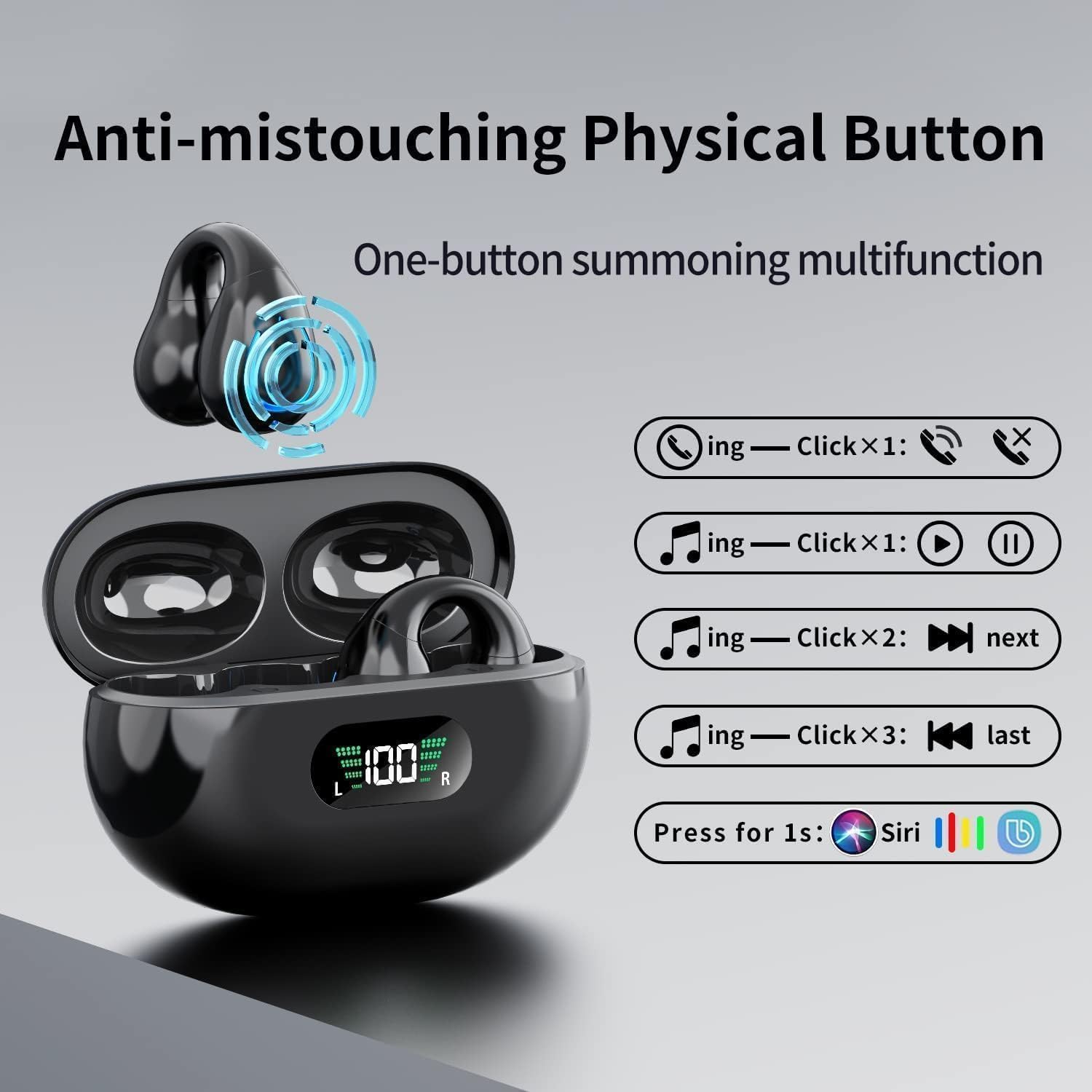 Open Ear Bone Conduction Headphones Wireless Bluetooth 5.3 Clip On EarBuds with LED Display Charging Case 60 Hours Playtime IPX7 Waterproof Black A589