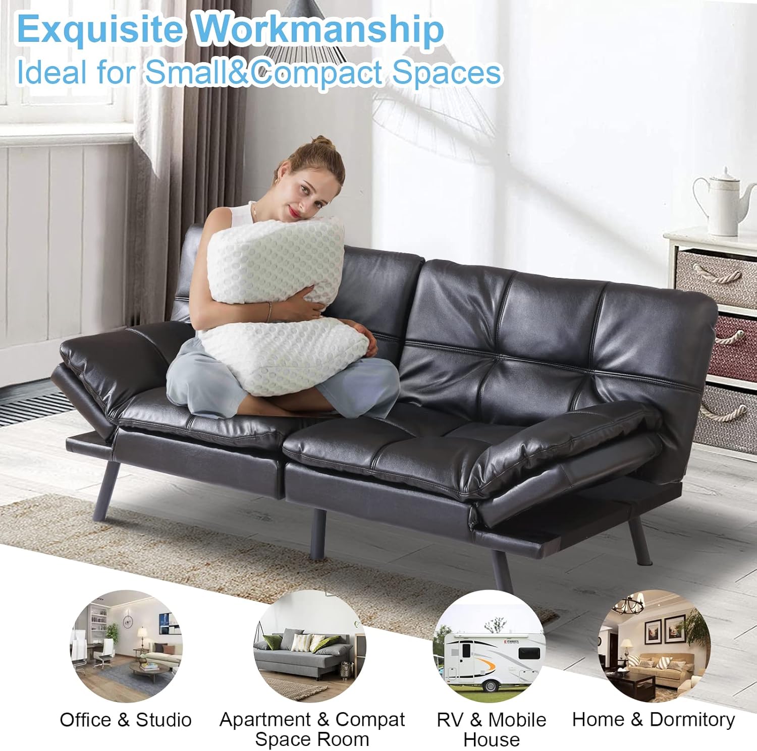 Black Faux Leather Memory Foam Convertible Futon Sofa Bed J53162
