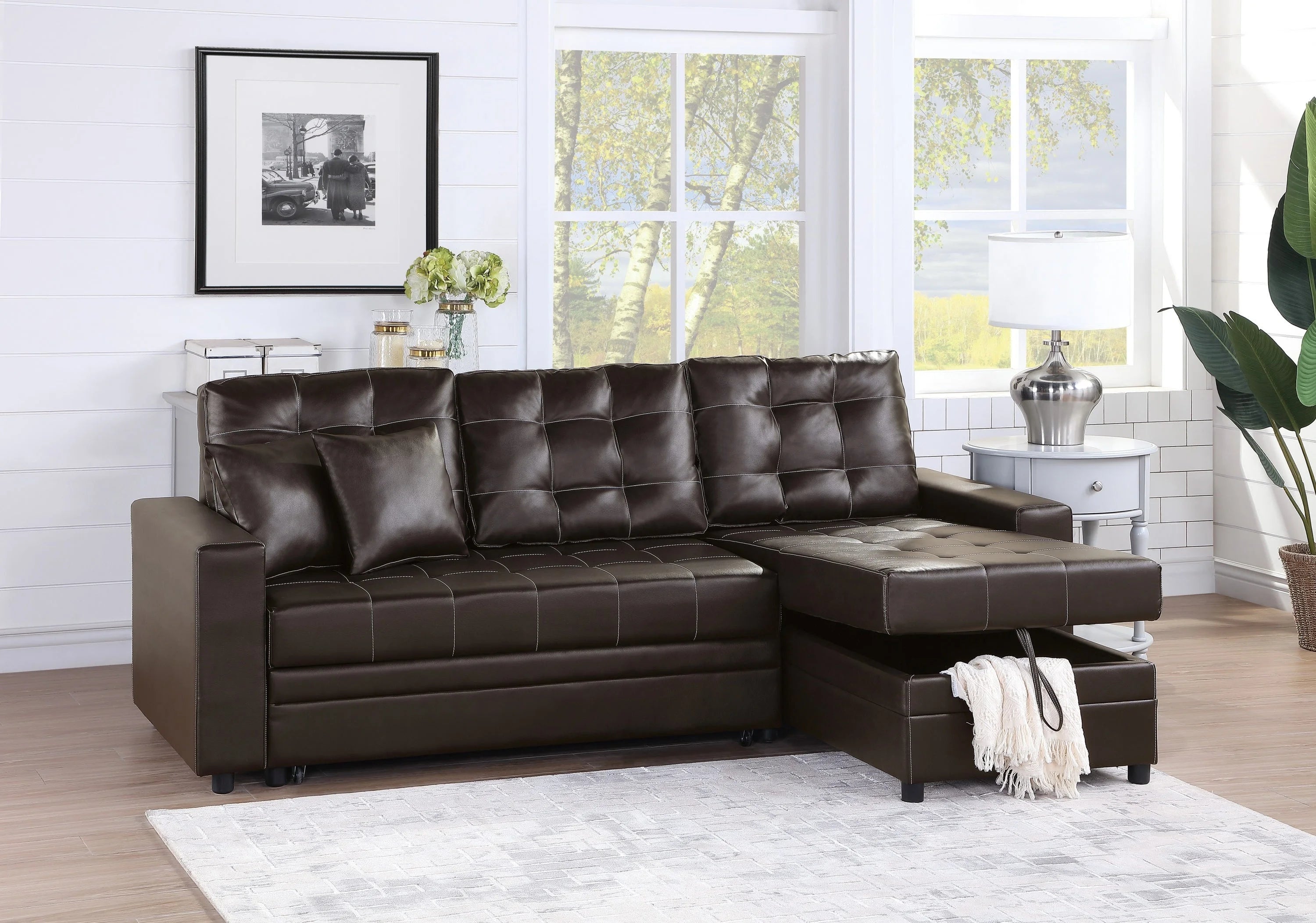 Espresso Convertible Sectional Sofa with Pull Out Bed H2110