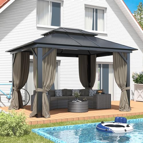 Hardtop Gazebo 10x12FT, Heavy Duty Metal Pavilion with 4.92'' Square Pillar, Aluminum Wood Grain Outdoor Gazebos Double Roof, Patio Gazebo with Curtain & Netting T734474