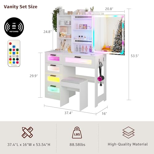 White Vanity Desk with Mirror and Lights, 5 Drawers V208640
