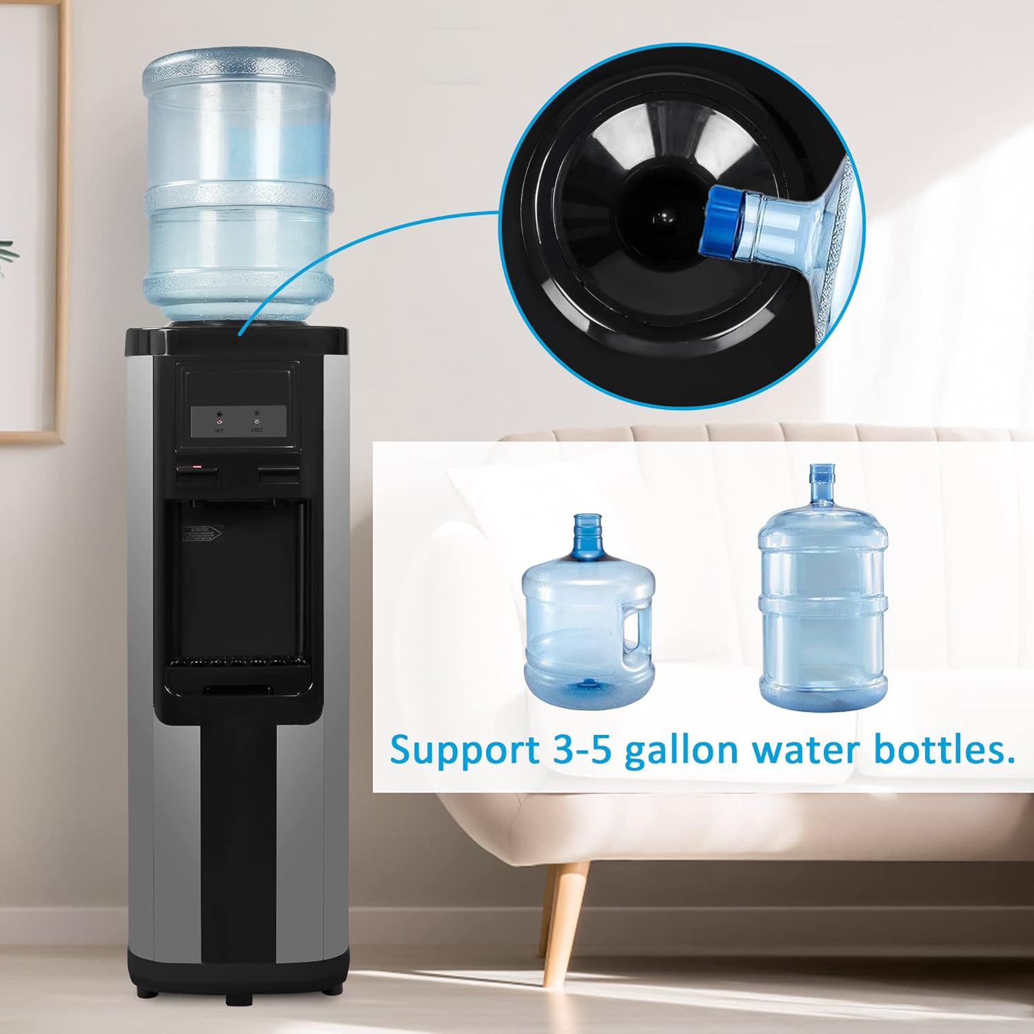 Black Stainless Steel Top Loading Water Cooler Dispenser for 3 & 5 Gallon Bottles N807050