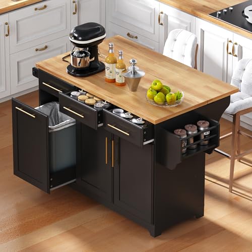 Black Farmhouse Kitchen Island with Drop Leaf, Barn Door, 3 Drawers, Adjustable Shelf, Spice Rack, 56" D474