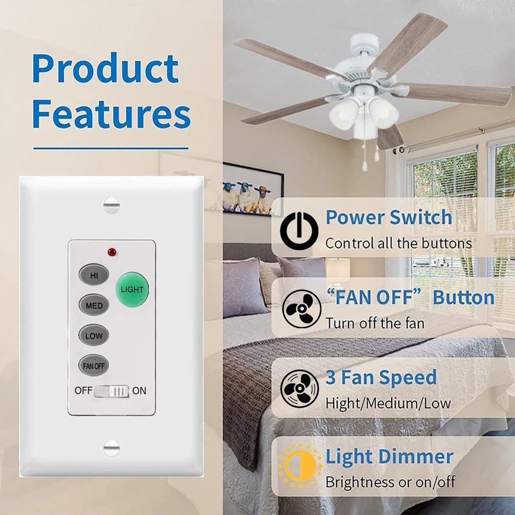 Ceiling Fan Wall Remote Control with Adjustable 3 Speed Light Dimmer F119