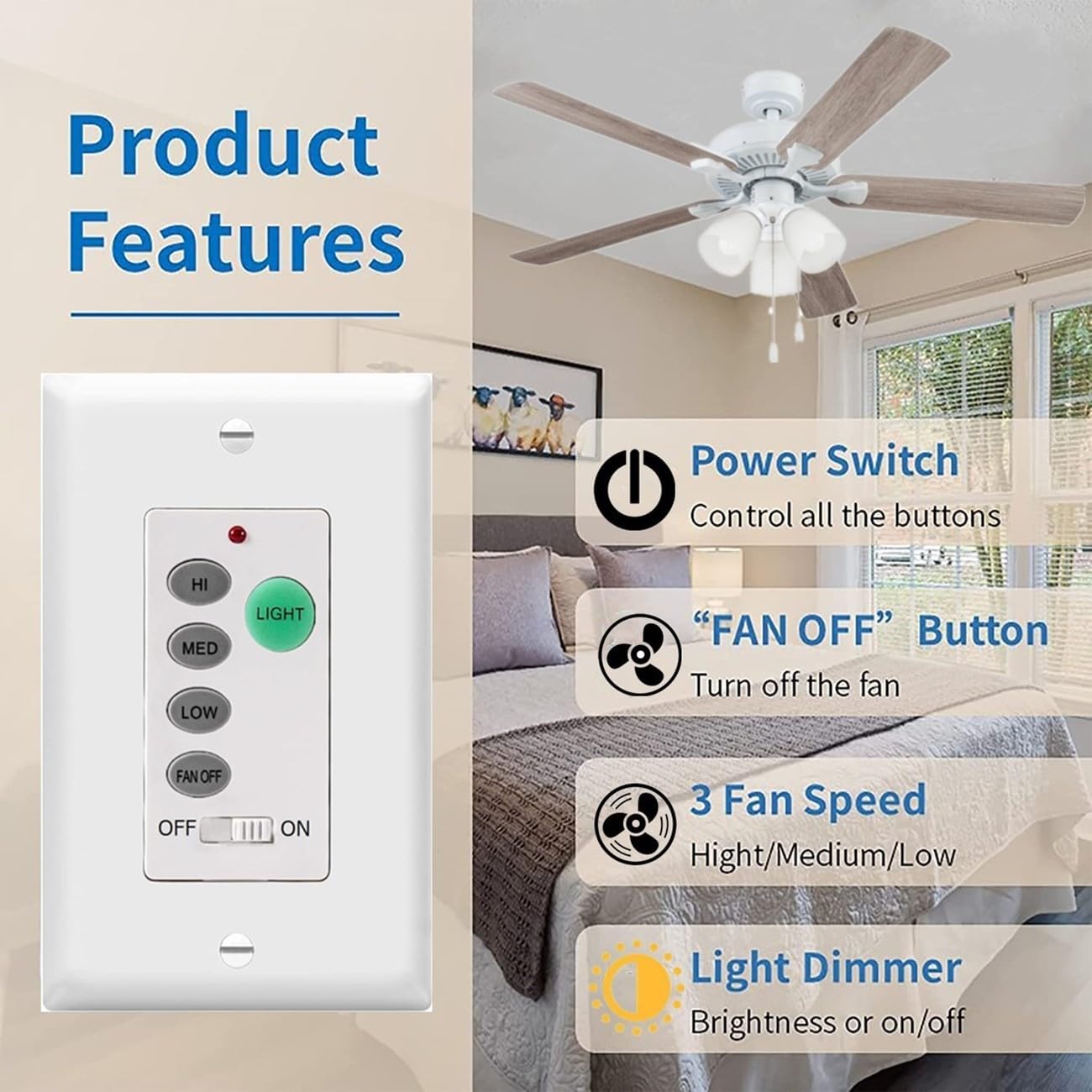 Ceiling Fan Wall Remote Control with Adjustable 3 Speed Light Dimmer F119