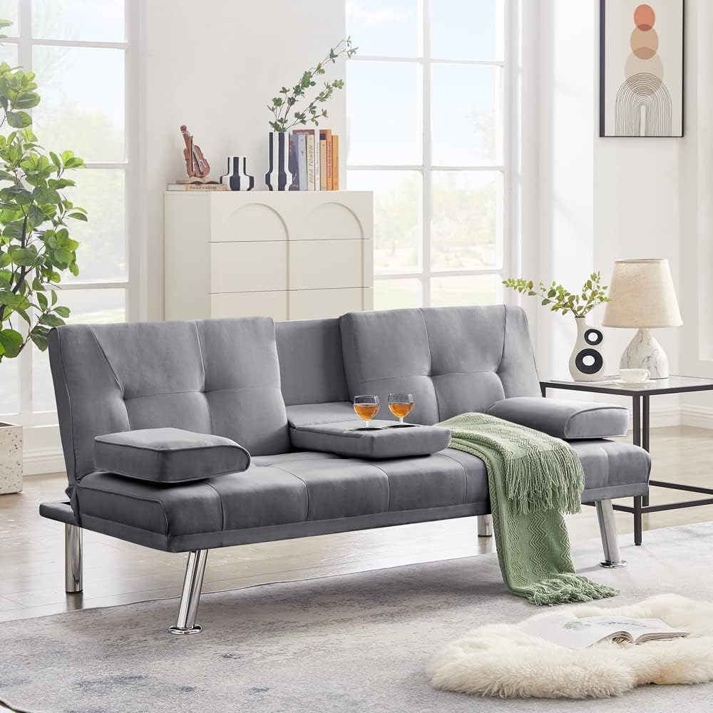 Fabric Linen Upholstered Convertible Folding Futon Sofa Bed, Gray F861612