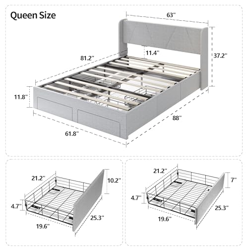 Queen Bed Frame with Storage Headboard & 4 Drawers, LED Upholstered, Light Grey Y2049