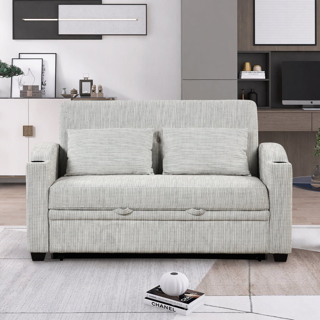 White Gray Chenille Convertible Loveseat Sofa with 2 Pillows T105