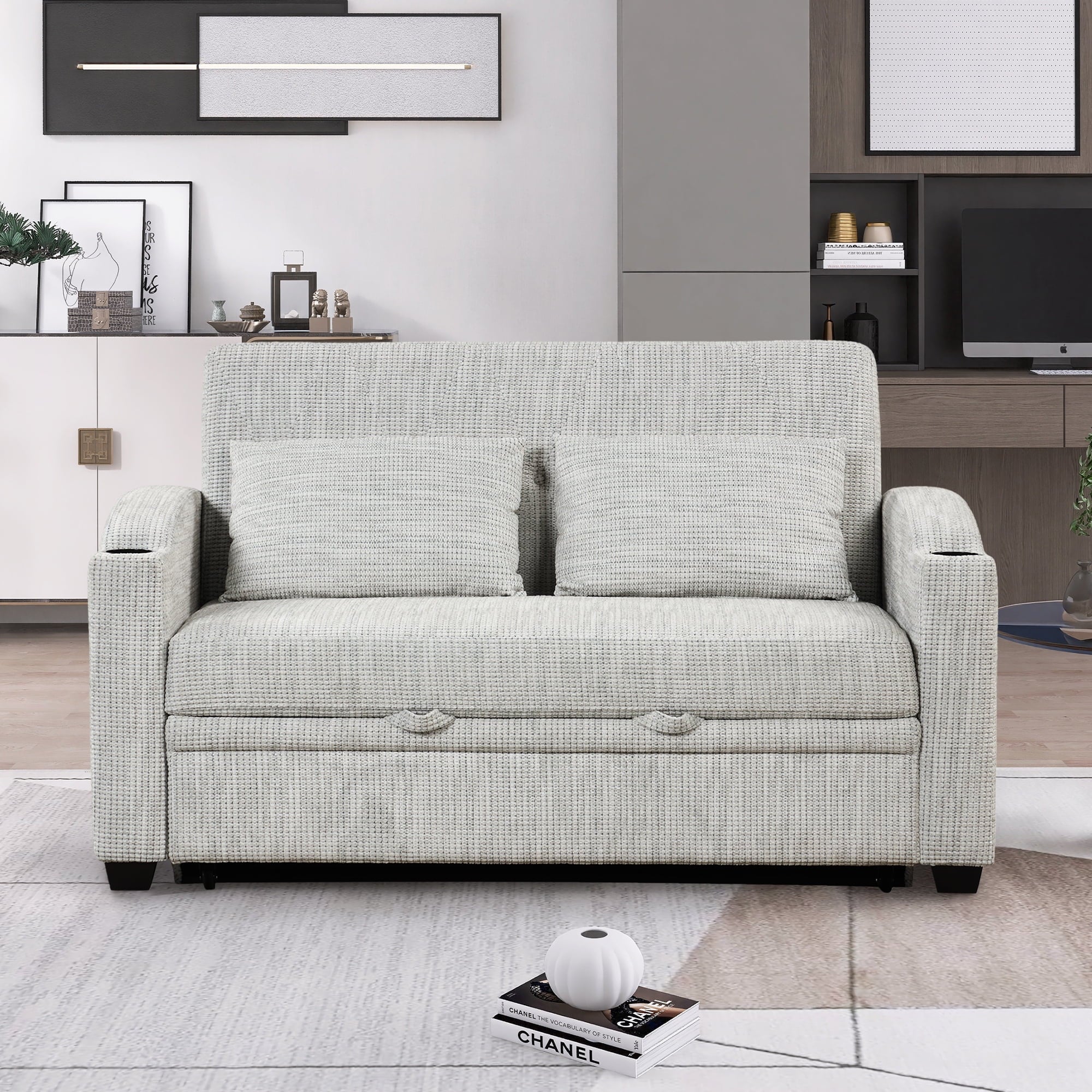 White Gray Chenille Convertible Loveseat Sofa with 2 Pillows T105