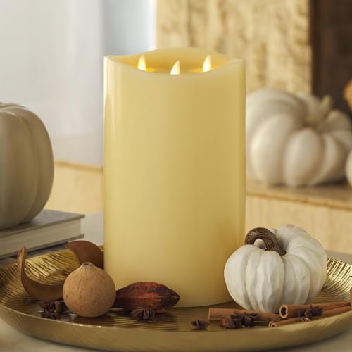 Tri-Flame Grand Flameless Candle 5.8" x 5.7" Moving Flame LED Candle Melted Top Unscented Real Wax Ivory M8283