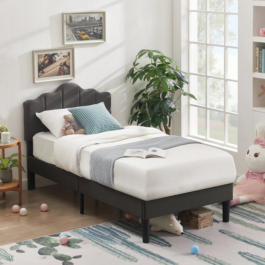 Twin Size Upholstered Platform Bed Frame Dark Grey Y747