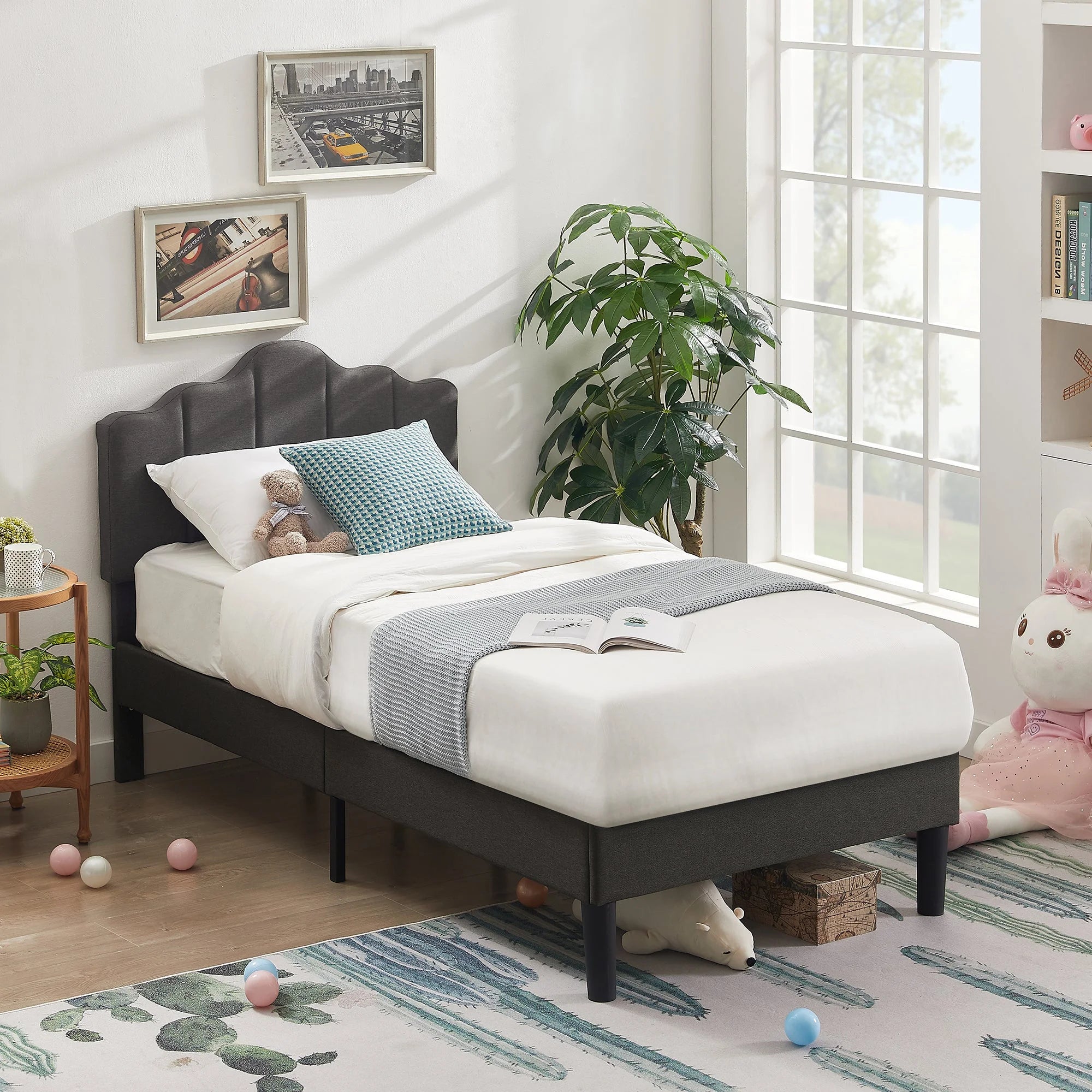 Twin Size Upholstered Platform Bed Frame Dark Grey Y747