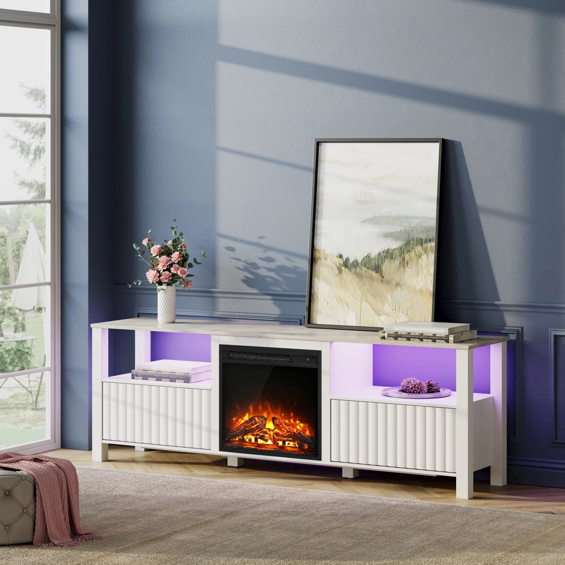 White 70 inch Wood Electric Fireplace TV Stand M454430
