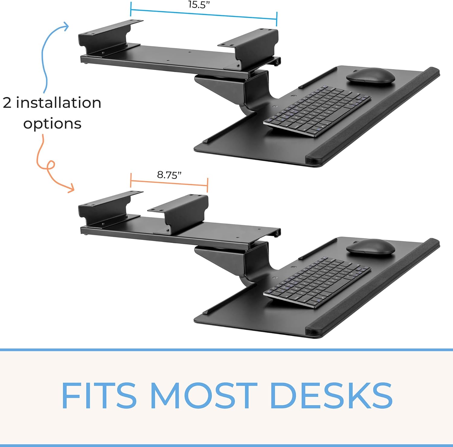 Under Desk Keyboard Tray, Adjustable Tilting Keyboard Shelf, Screw On Under Desk Storage with Cable Clips (26.5in x 10in / Black) T812503