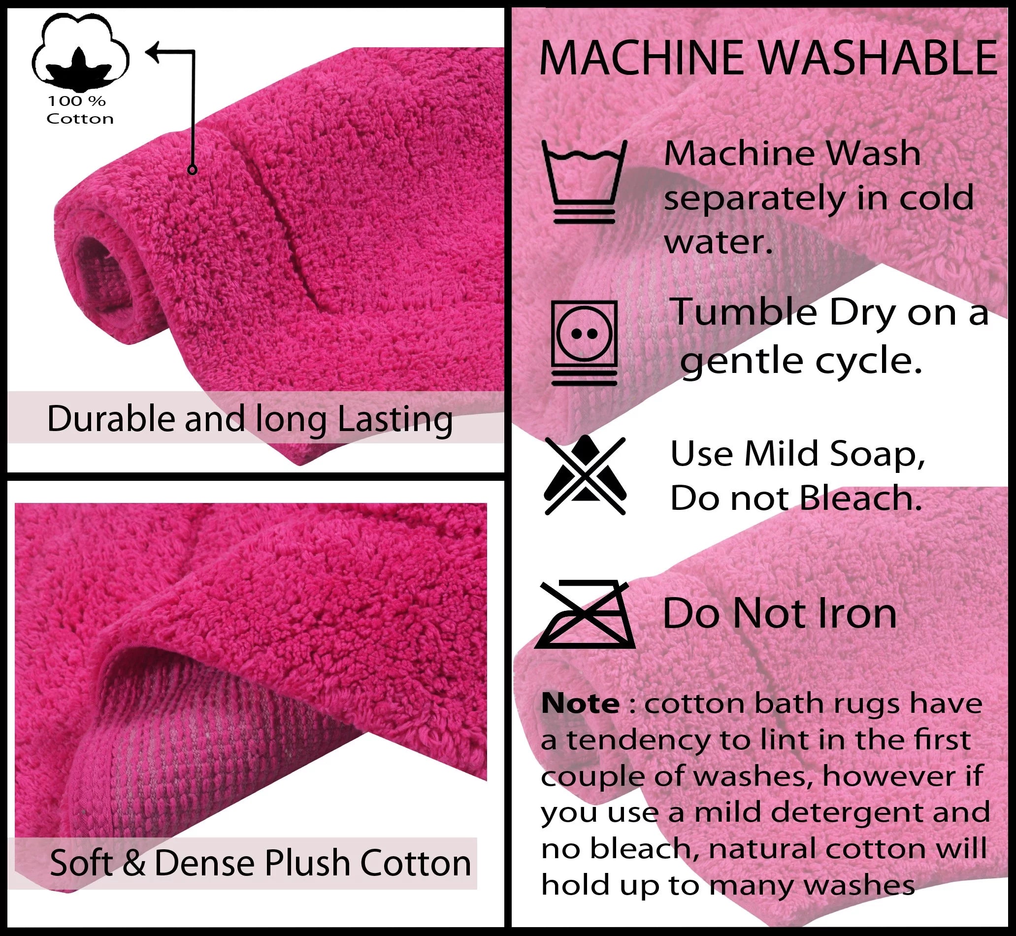 100% Cotton Tufted Bath Rug, 24"x40" Rectangle, Hot Pink T6677