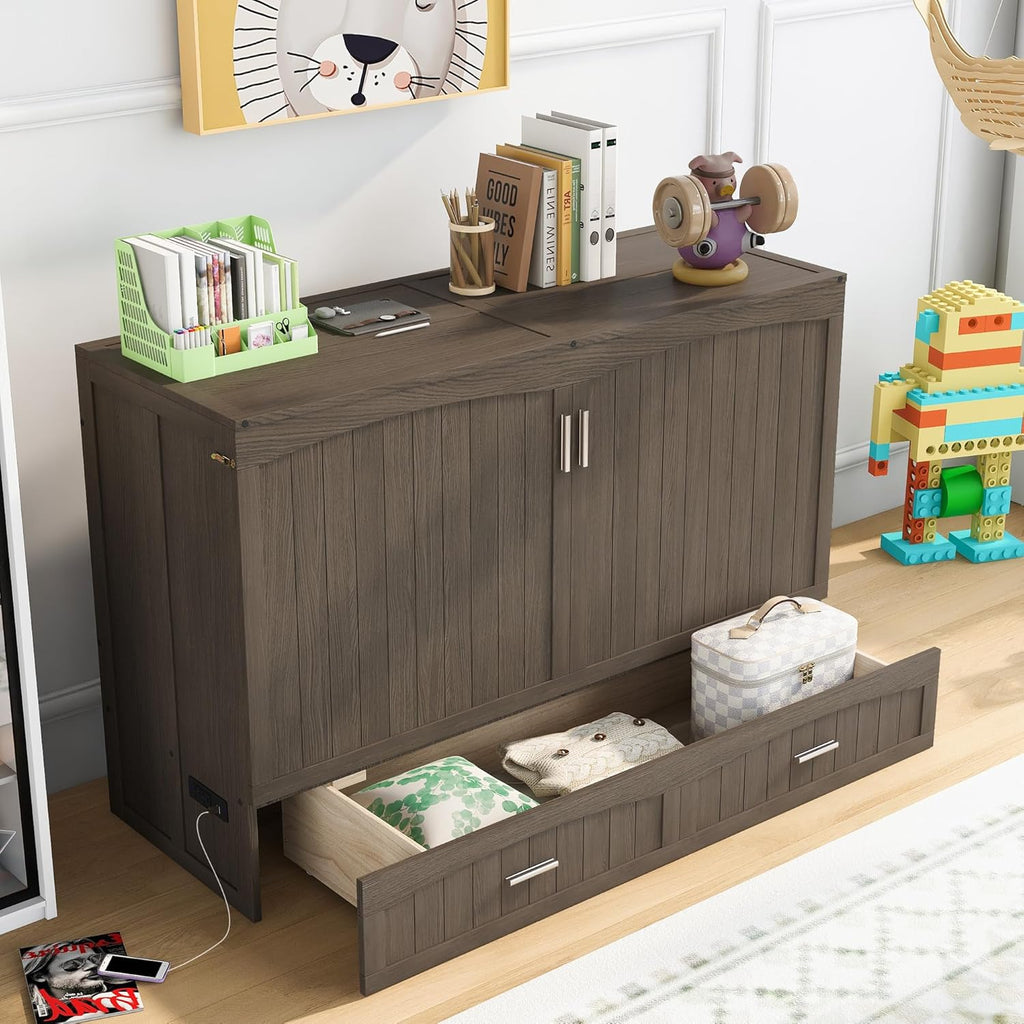 Queen Murphy Bed Cabinet with Drawer and Charging Station M633