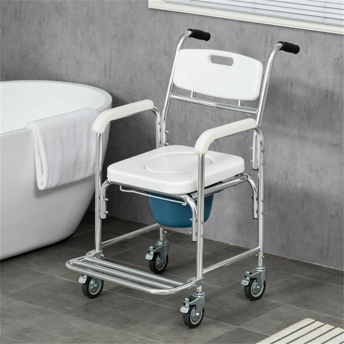 White Rolling Shower Wheelchair with Commode, 4 Lockable Wheels F7335