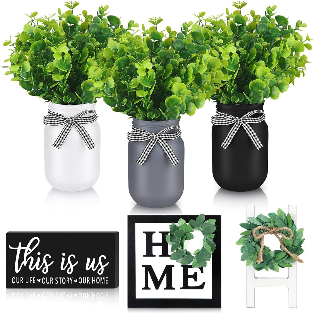 12 Pcs Eucalyptus Mason Jar Table Centerpieces Farmhouse Tiered Tray Decor Wooden Signs G5409