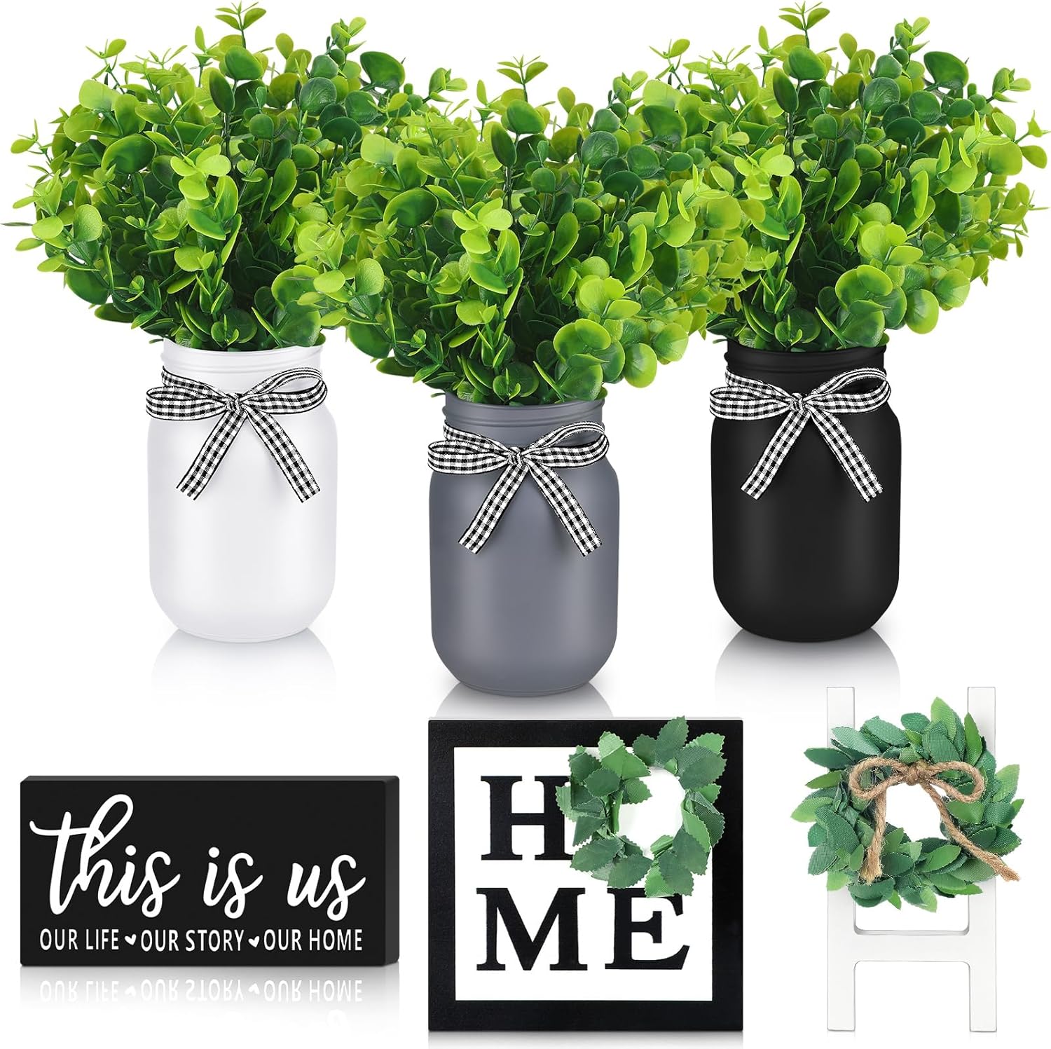 12 Pcs Eucalyptus Mason Jar Table Centerpieces Farmhouse Tiered Tray Decor Wooden Signs G5409