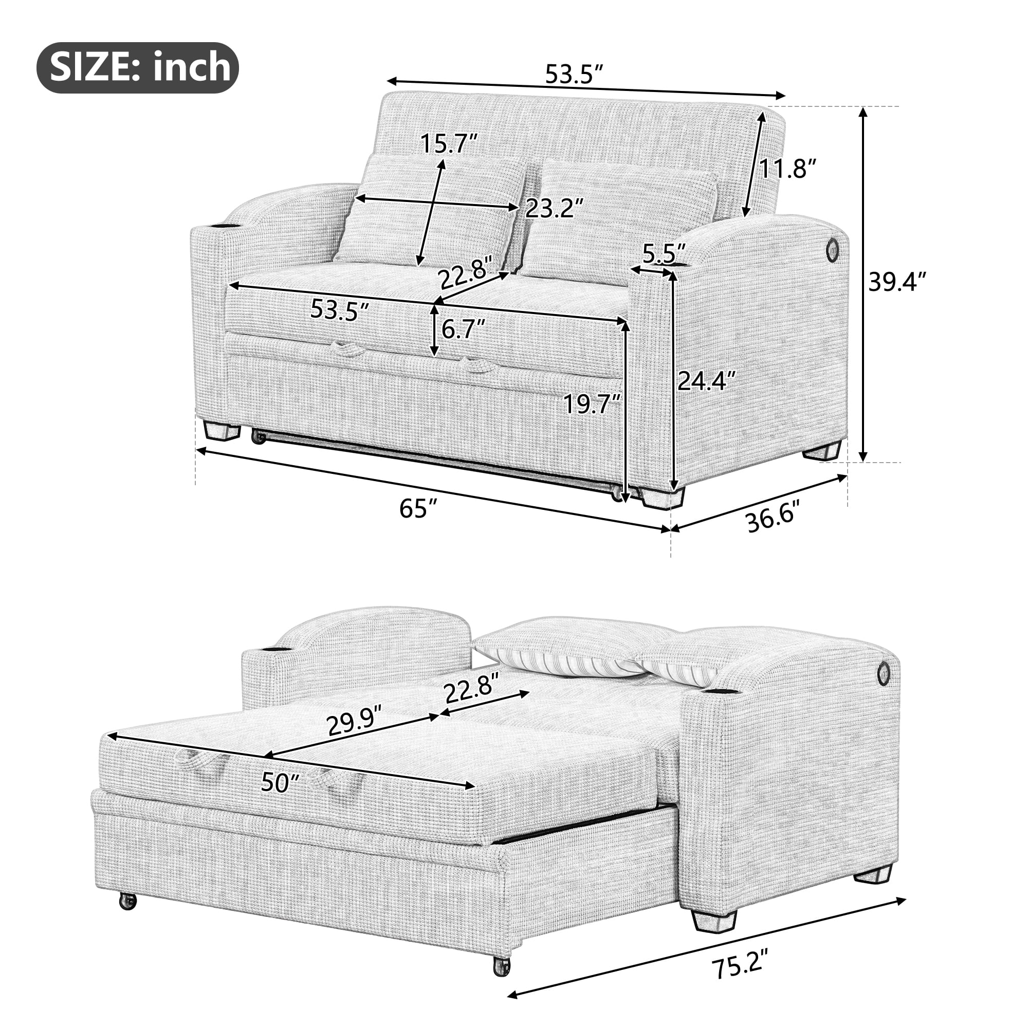 White Gray Chenille Convertible Loveseat Sofa with 2 Pillows T105